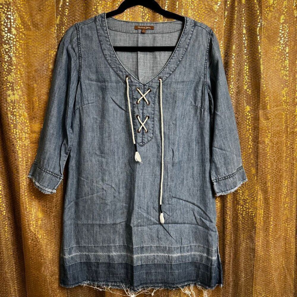 Michael Stars Blue Frayed Chambray‎ Linen Blend Tunic Lace Up Jean Dress Small
